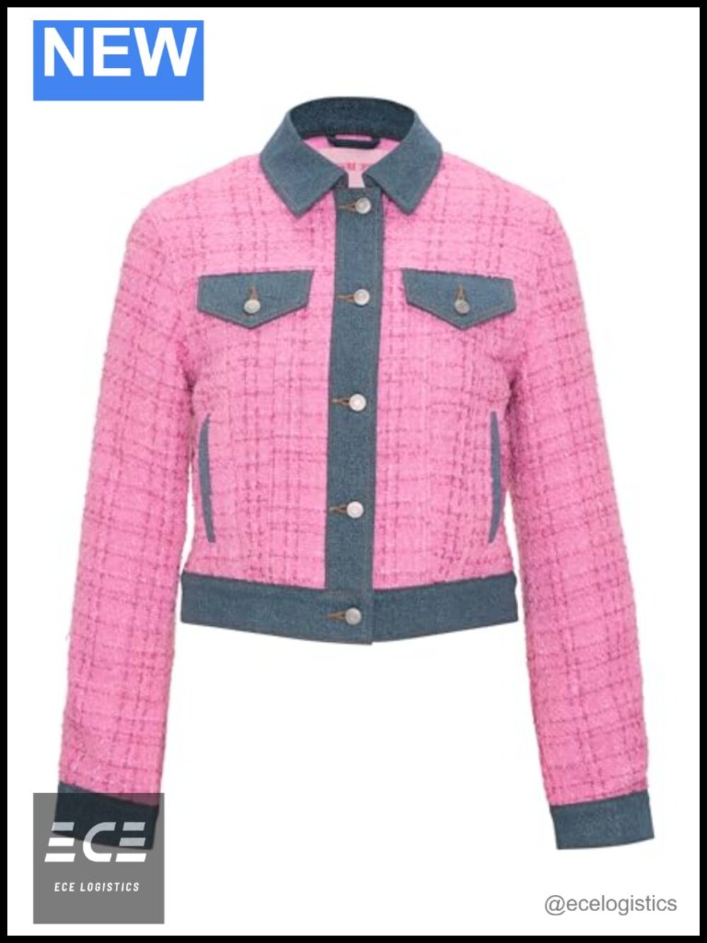 Tweed Denim Jacket Boxy Fit Button Front Collared - Picture 3 of 4